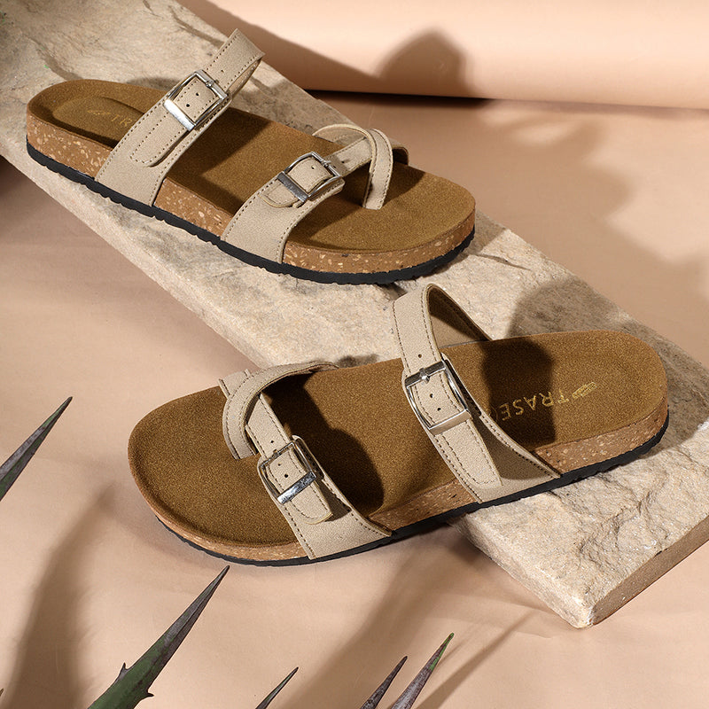 Trase Women Cork Footbed Slippers Trendy Design Toe Ring Arch Fit Slipper With Adjustable Buckle