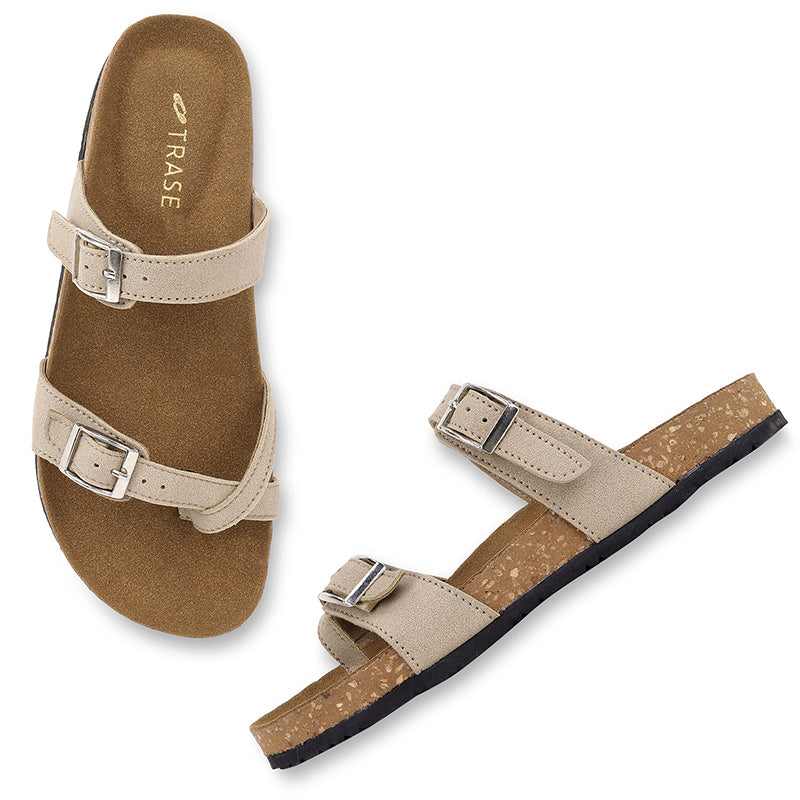 Trase Women Cork Footbed Slippers Trendy Design Toe Ring Arch Fit Slipper With Adjustable Buckle