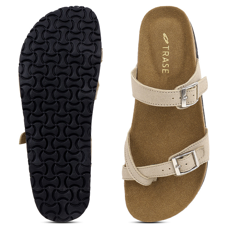 Trase Women Cork Footbed Slippers Trendy Design Toe Ring Arch Fit Slipper With Adjustable Buckle