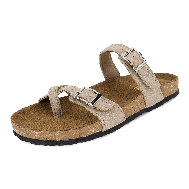 Trase Women Cork Footbed Slippers Trendy Design Toe Ring Arch Fit Slipper With Adjustable Buckle