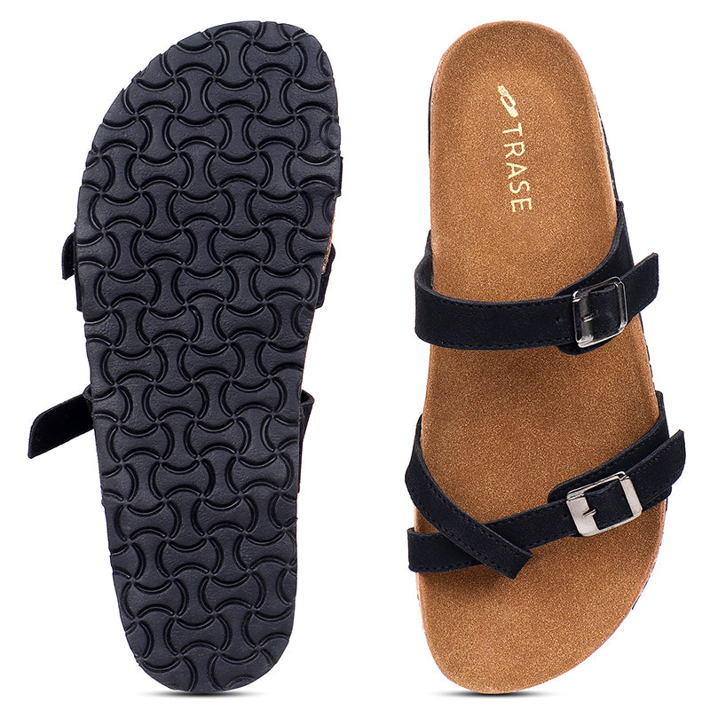 Trase Women Cork Footbed Slippers Trendy Design Toe Ring Arch Fit Slipper With Adjustable Buckle