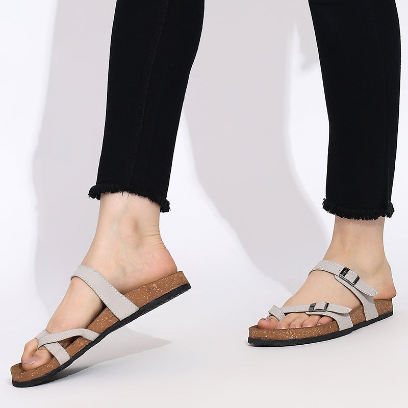 Trase Women Cork Footbed Slippers Trendy Design Toe Ring Arch Fit Slipper With Adjustable Buckle