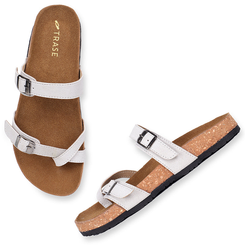 Trase Women Cork Footbed Slippers Trendy Design Toe Ring Arch Fit Slipper With Adjustable Buckle