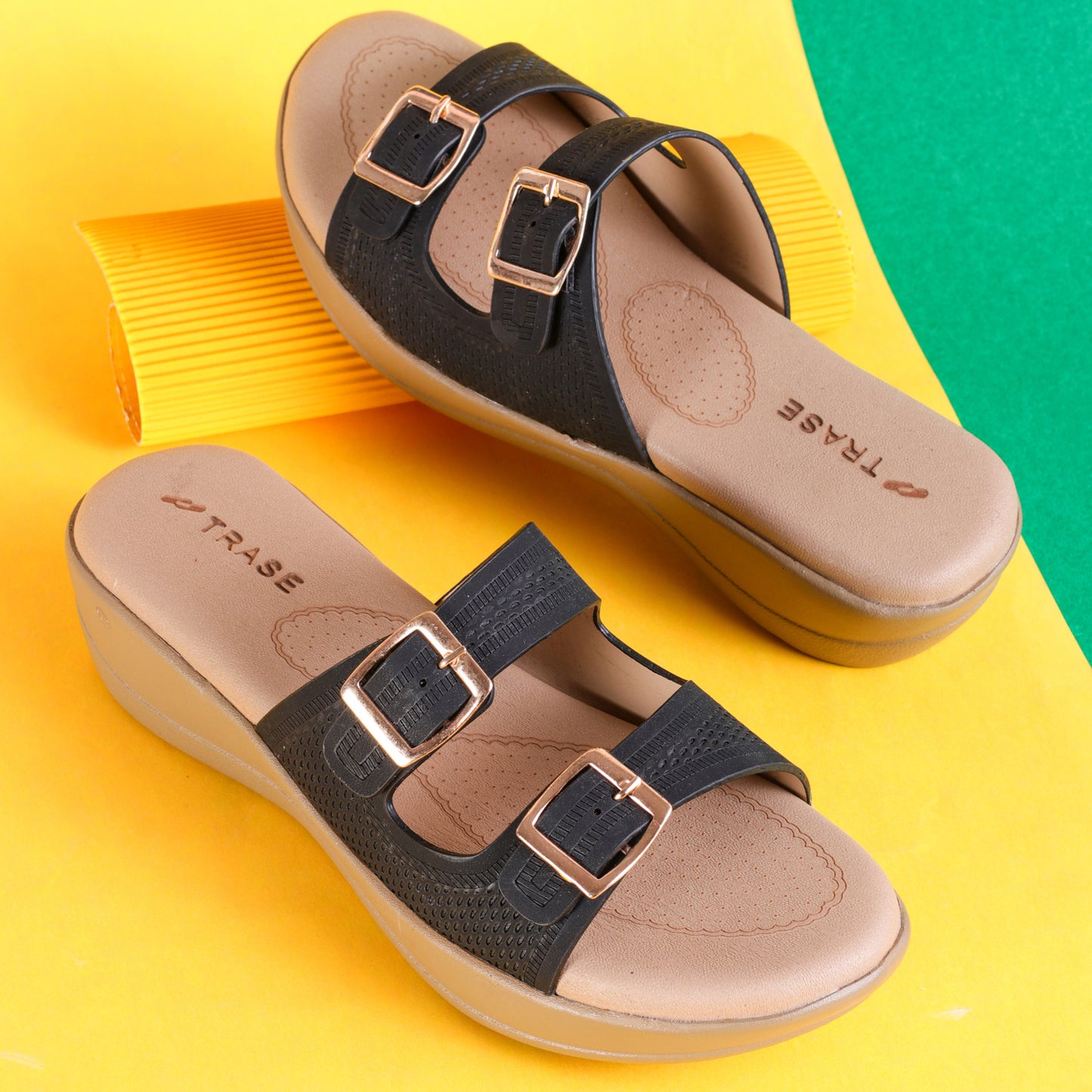 Stylish Double Strap Wedges Heels